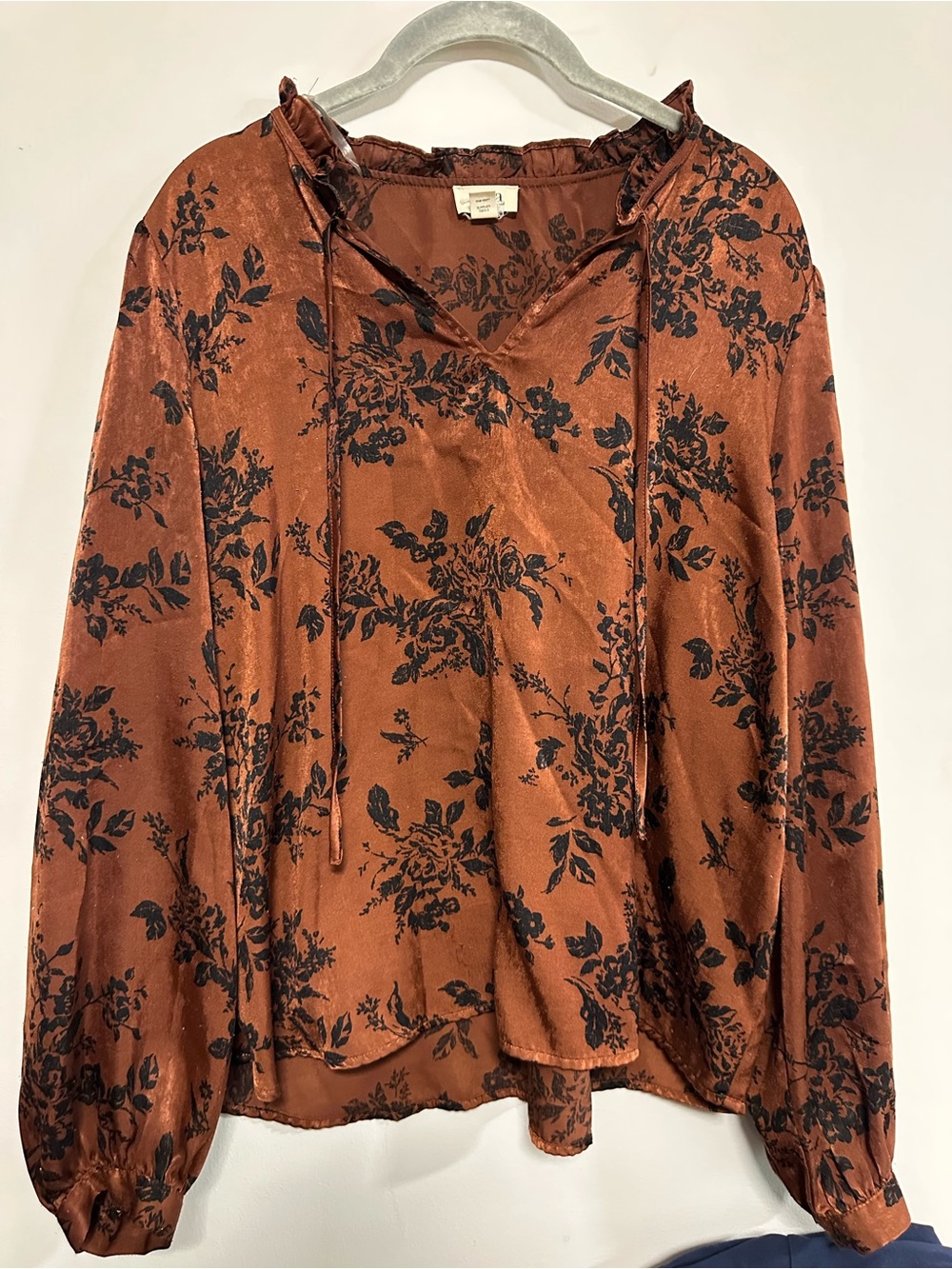 a.n.a Rust Satin Floral Tie-Neck Blouse